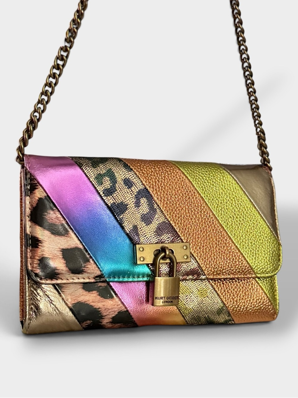 Kurt Geiger RARE Brixton Metallic Animal Print Striped Wallet on a Chain